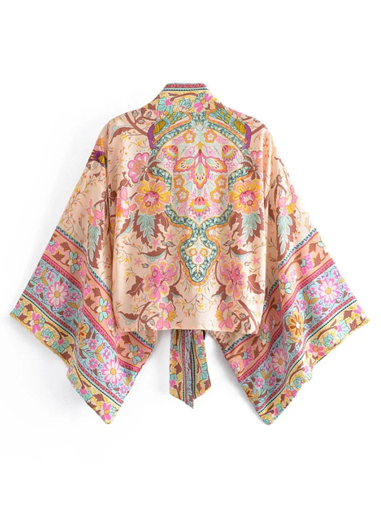 Boho Chic Vintage Peacock Floral Print Kimono für Damen – Batwing Ärmel Strandrobe aus Rayon und Baumwolle