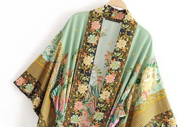 Happie Queens Bohemian Kimono Maxi Robe für Damen mit Pfauen- und Blumenprint – V-Ausschnitt, Batwing-Ärmel, Sommer-Bikini-Überwurf