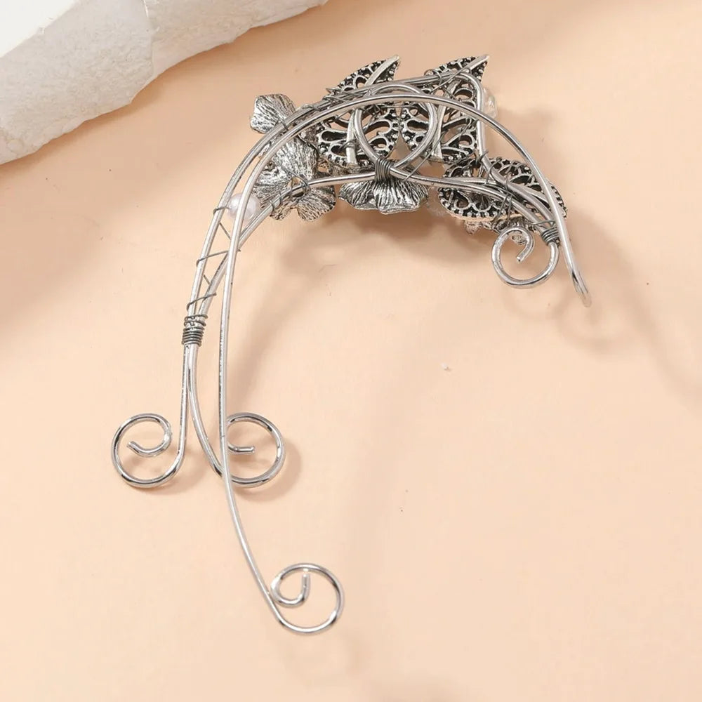 Elegante Vintage Elf Ohrclips mit Blatt- und Blumenmuster – Aluminium Draht, Kein Piercing erforderlich, für Frauen Cosplay Schmuck