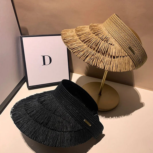 Designer Strohhut für Damen mit Fransen – UV-Schutz, Sommerlicher Beach Hat für Outdoor und Sonne
