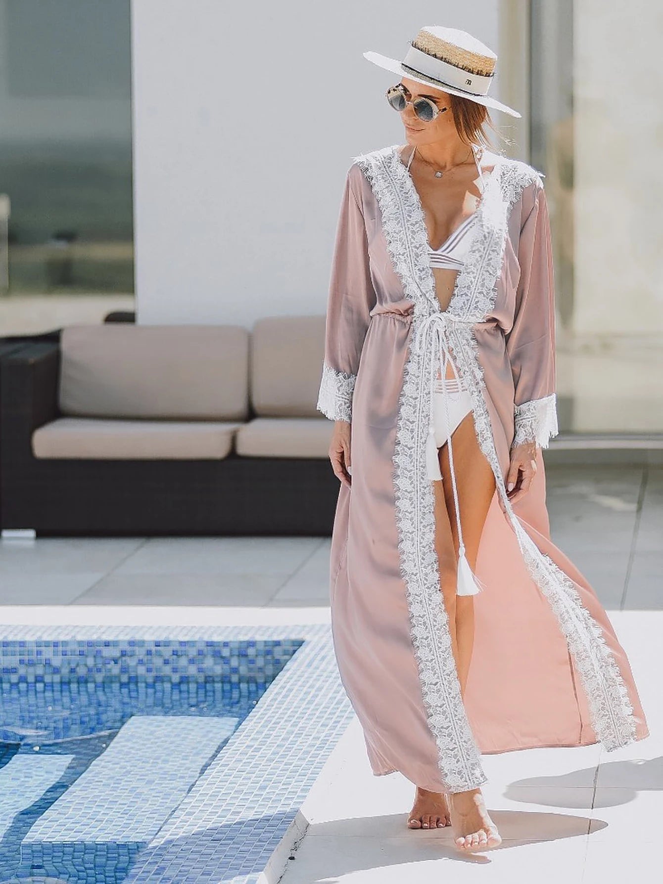 Bikini Beach Cover-Up Tunika mit Blätterdruck – Lange Kaftan Sarong Badeanzug Bedeckung für den Strand