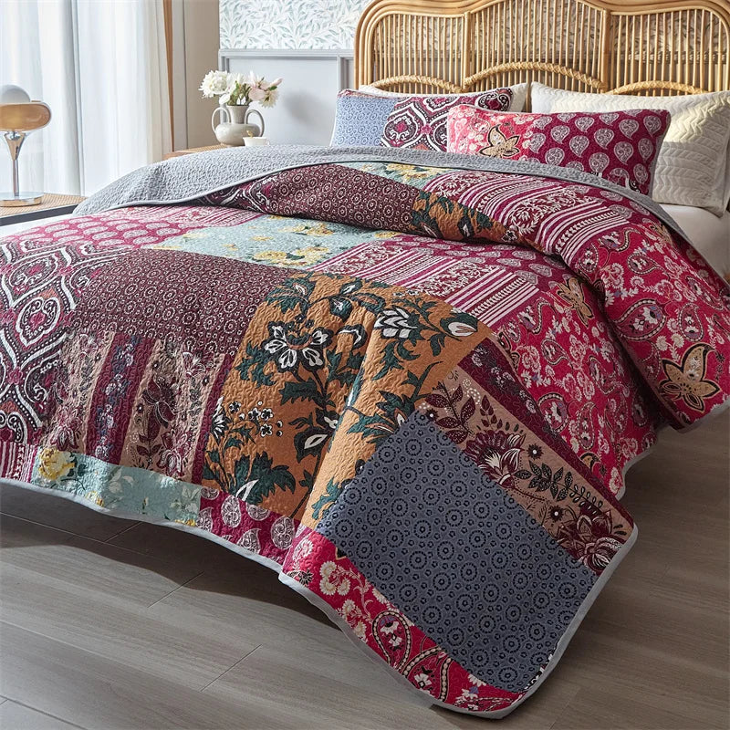 Boho Floral Patchwork Bettdecken-Set – Reversible Soft Bedding für Alle Jahreszeiten, Farmhouse & Garten Stil