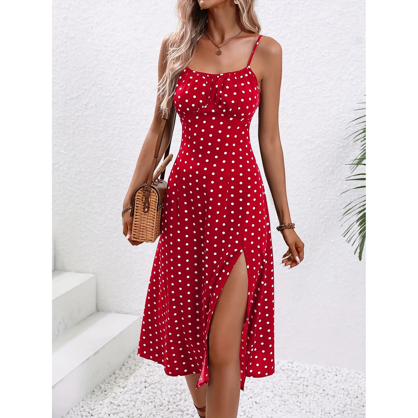 Elegantes Sommerkleid mit Polka-Dots – Chiffon Langkleid mit Quadrat-Ausschnitt für Damen, Ideal für Strandurlaub & Sommerfeiern