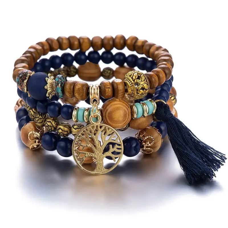 4-teiliges Boho Holz Perlen Armband Set für Frauen – Baum des Lebens mit weißen Fransen Charme, elastischer Kettenbangle, Bohemia Schmuck