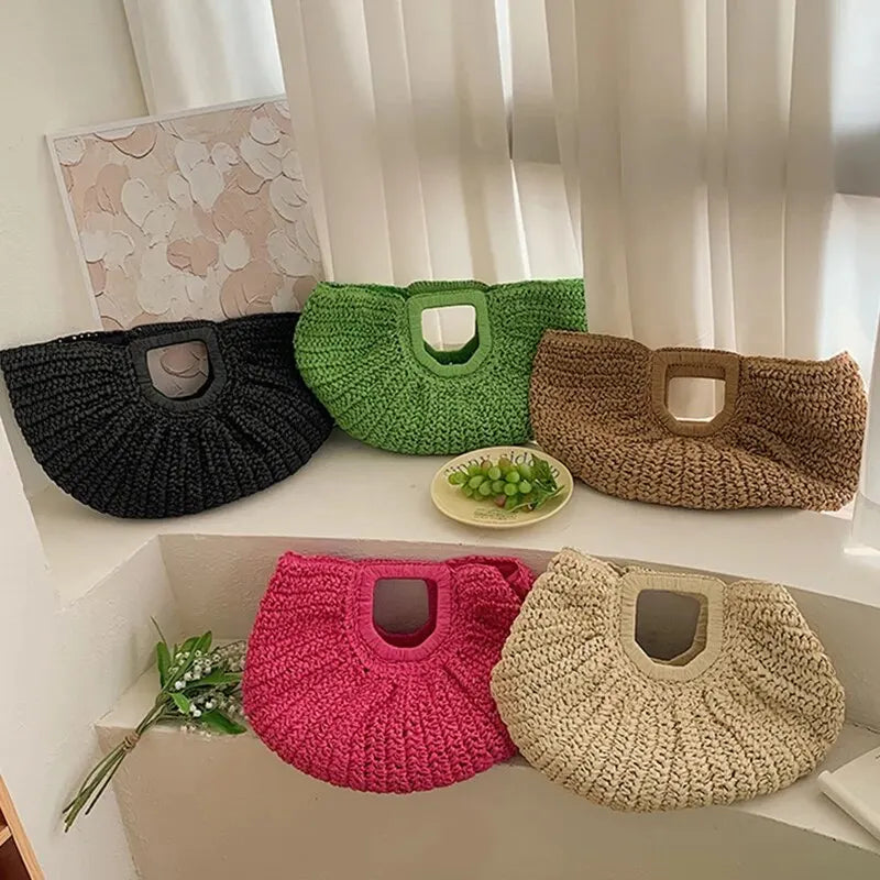 Sommer Stroh-Halfmoon-Handtasche für Damen – Handgefertigte Rattan-Tasche im Strandstil, Modisches Strick-Design