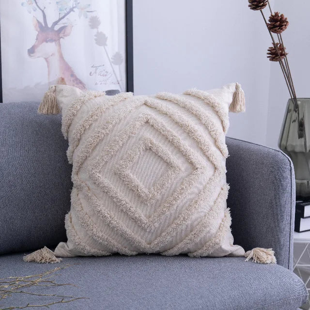 Boho Tassels Kissenbezug im Nordischen Stil – Marokkanische Baumwolle für Wohnzimmer & Sofa – Dekorative Kuschelkissenhülle