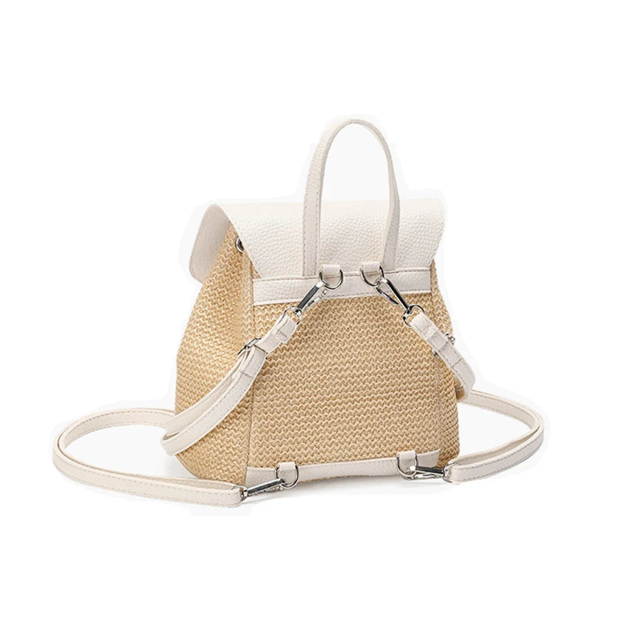 Straw & PU Backpack für Frauen und Mädchen – Trendiger Rucksack mit Kordelzug, hoher Kapazität, ideal für Reisen und Alltag