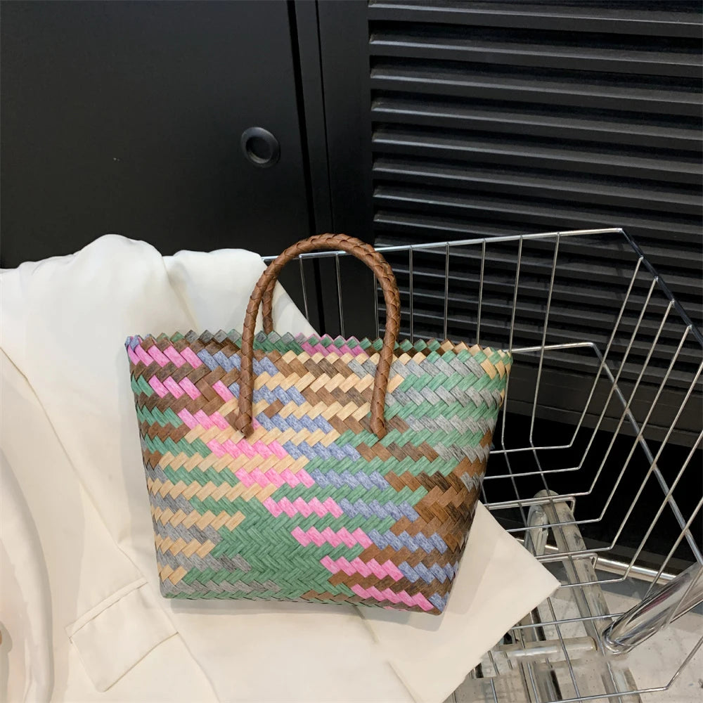 Retro Imitation Rattan Woven Bag – Boho Handtasche für Damen, Sommer Strand Tasche mit großer Kapazität