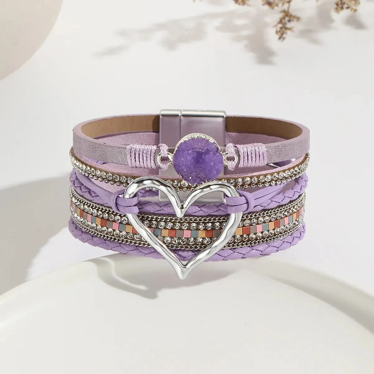 Boho-Lederarmband mit Herz-Charm – Fashion Armband für Damen mit Strass und Resin für Paare