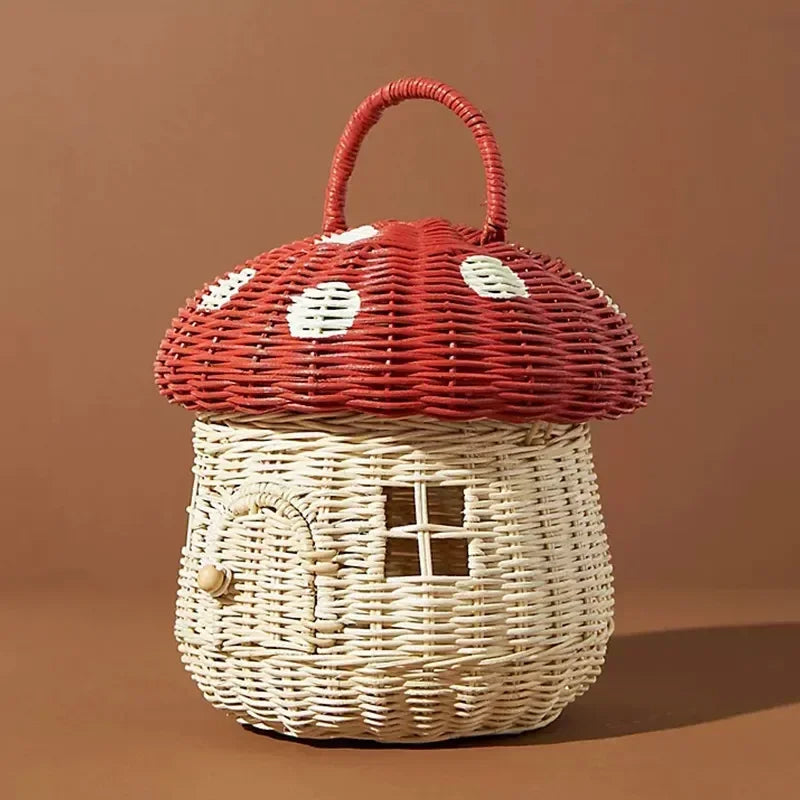 Handgefertigter Castle Mushroom Rattan Korb – Vielseitige Picknicktasche, Strandtasche und Kinderhandtasche aus Rattan