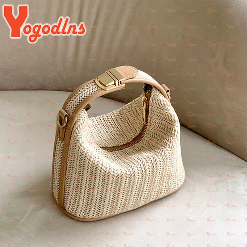 Yogodlns Sommerliche Kleine Strohtasche – Trendige Schultertasche, Geflochtene Bucket Bag für den Strand und Casual Alltag