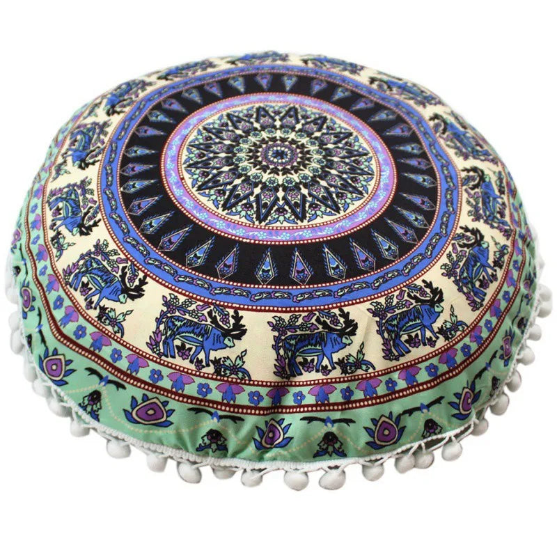 Runder Mandala Kissenbezug – Boho Stil Pouf Kissenhülle im Indianischen Design für Bodenpillow und Dekoration