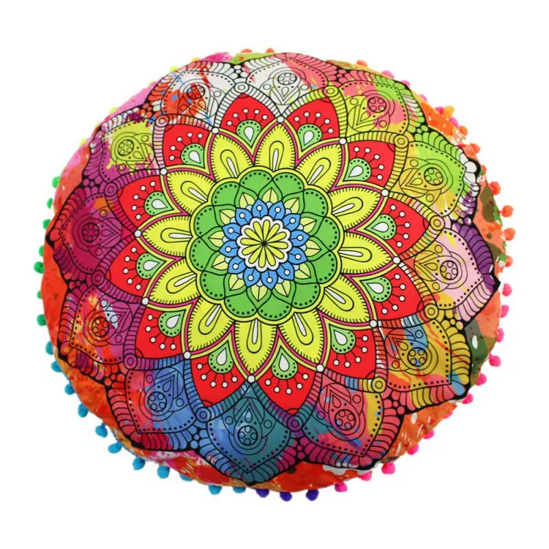 Runder Mandala Kissenbezug – Boho Stil Pouf Kissenhülle im Indianischen Design für Bodenpillow und Dekoration