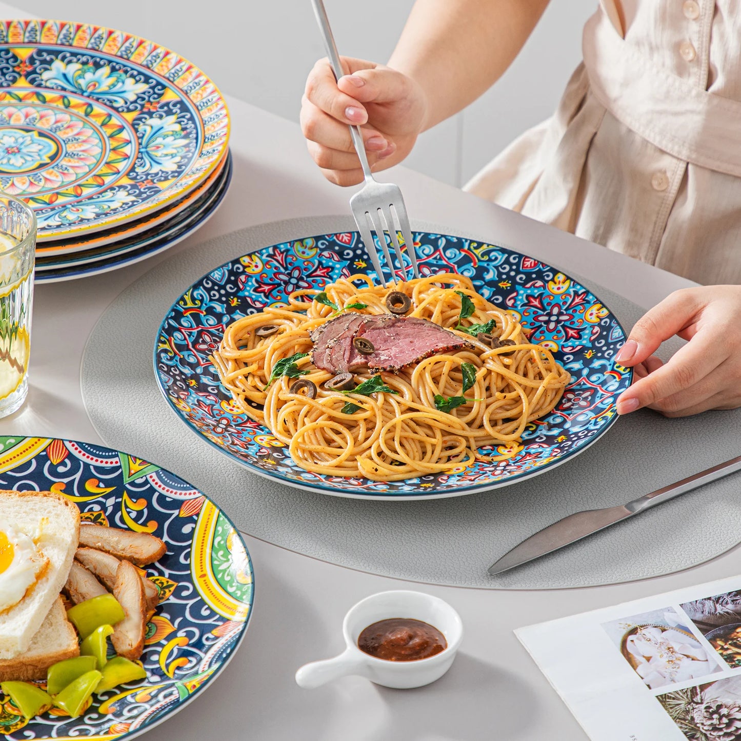 6-24 Teiliges Keramik Geschirrset im Boho-Stil – Teller, Dessertteller & Schalen für 6 Personen