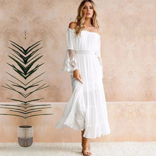 TEELYNN Boho-Kleid Weiß – Sexy Off-Shoulder Strandkleid mit Flare-Ärmeln und Spitze für Damen – Sommer