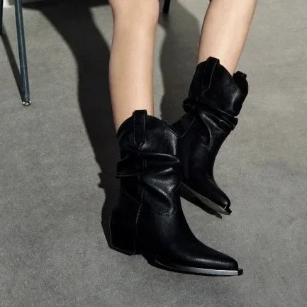 Pu Leder Chelsea Boots für Damen – Western-Inspired Mid-Calf Boots mit Chunky Heels für Herbst & Winter