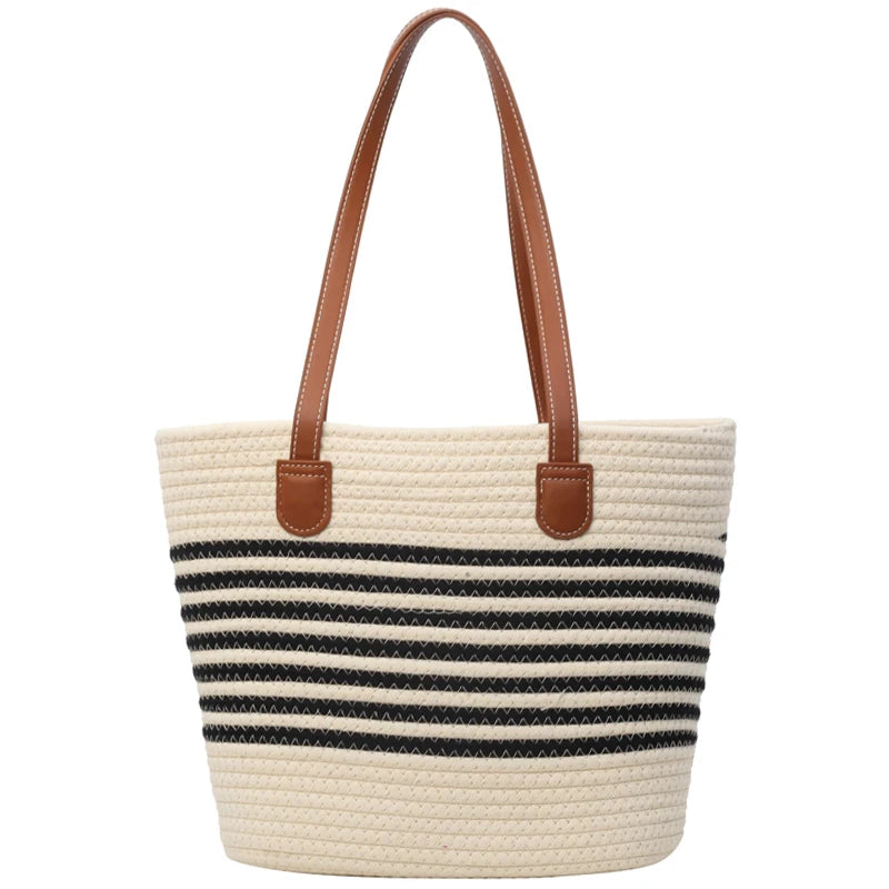 Stylische Streifen-Design Strandtasche aus Stroh – Große Kapazität Boho Handtasche für Shopping & Freizeit