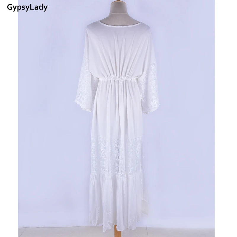 Gypsy Lady Weißes Boho Hippie Maxi Kleid – Vintage Langes Kleid für Damen, Sommerurlaub, Spitzen-Design, Sexy Strandkleid