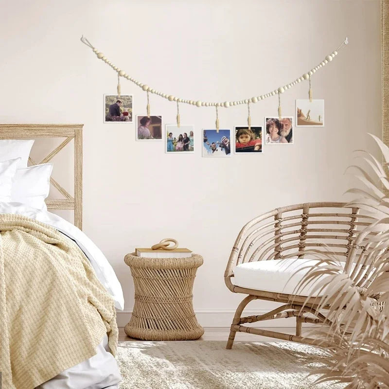 Boho Fotodisplay Wandbehang aus Holzperlen – Macrame-Teppich für Heimdekoration, Ästhetische Wandkunst & Einzigartige Geschenkidee