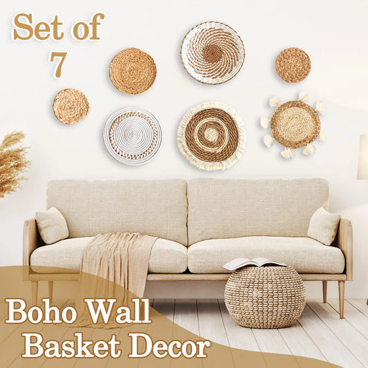 Set aus 7 Boho Wandkörben – Handgewebte Rattan- und Seegras-Dekoration für rustikale Landhauswände