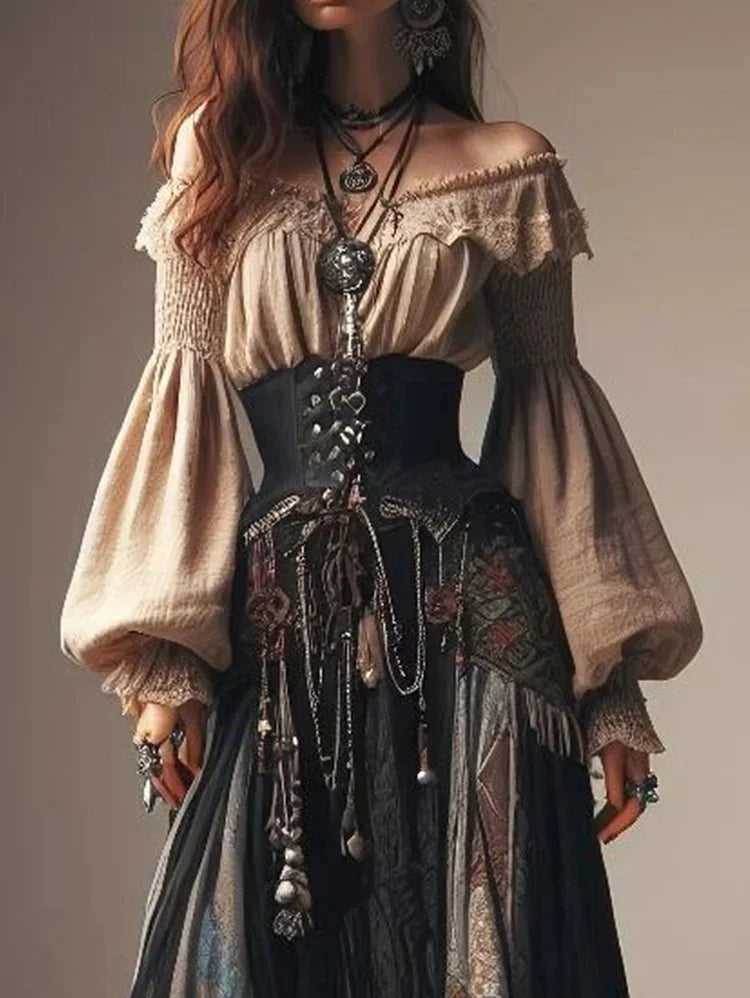 Elegante Boho-Bluse mit Off-Shoulder und Spitzen-Blumenmuster – Lange Lantern-Ärmel für einen Retro-Look