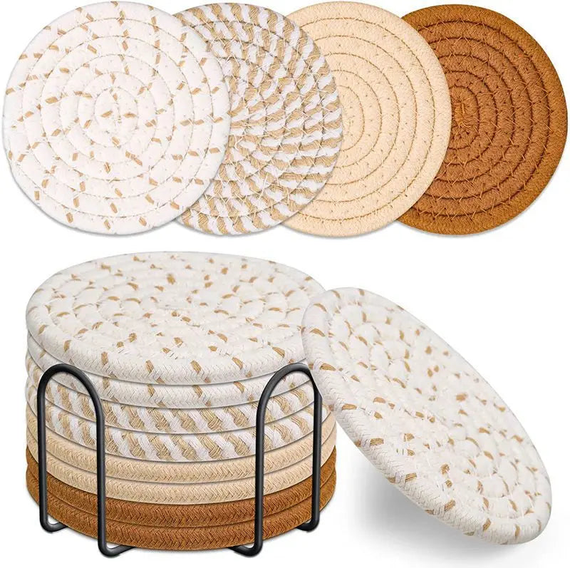 8er-Set Absorbierende Untersetzer für Getränke mit Halter – Minimalistische Baumwollgewebte Coaster für Tischdekoration im Boho-Stil