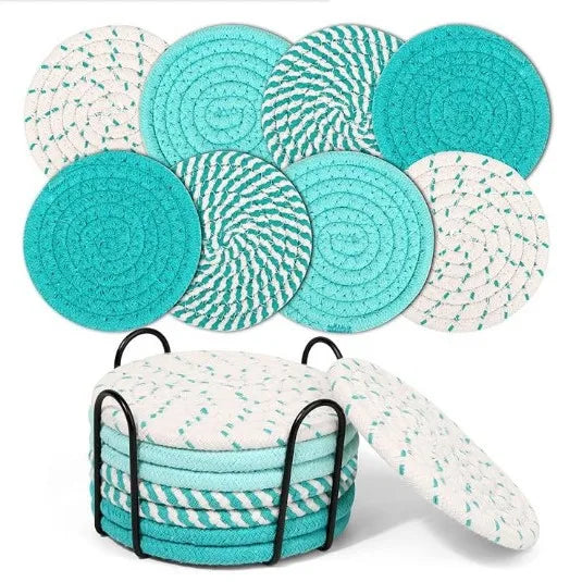 8er-Set Absorbierende Untersetzer für Getränke mit Halter – Minimalistische Baumwollgewebte Coaster für Tischdekoration im Boho-Stil