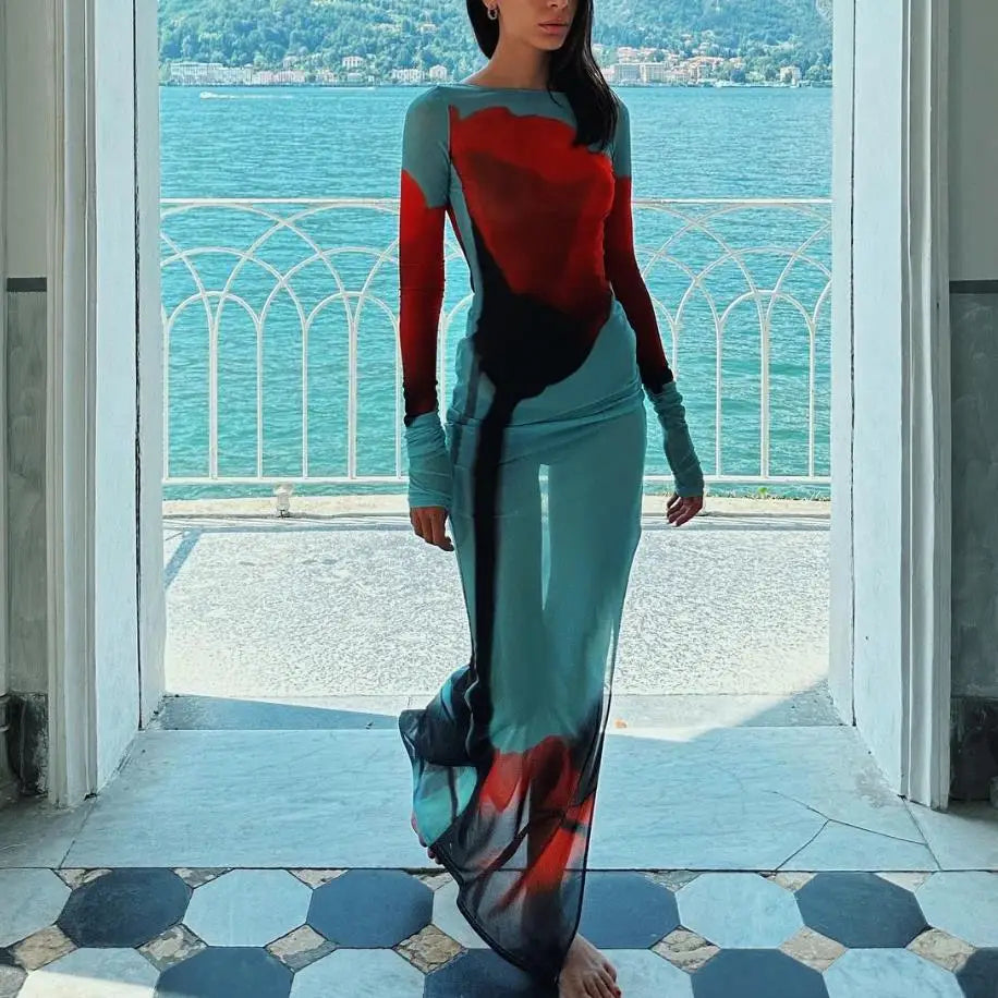 Yiiciovy Sexy Damen Slim Fit Long Beach Dress mit Blumenmuster, Seitenschlitz und Long Sleeve – Elegantes Mesh Bikini Cover-Up