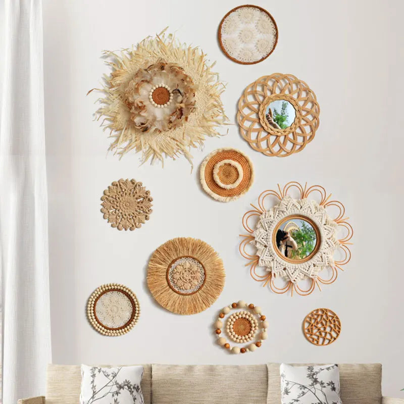 Rattan Wall Basket Decor Nordic INS Style Natural Wicker Woven Wall Hanging Ornament Kawaii Room Decor