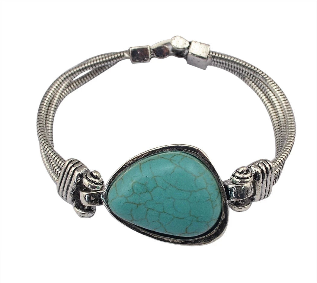 Gypsy Tribal Tibetan Bracelet für Damen & Herren – Boho Vintage Silber Turquoise Elastisches Bangle – Afghanisches, Türkisches, Ethnisches Indisches Schmuckstück