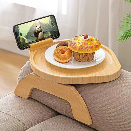 Multifunktionales Bambus- und Holz-Sofa-Armlehnen-Tablett – Snack-, Dim Sum- und Obst-Tablett mit Handyhalter für Wohnzimmer und Teetisch