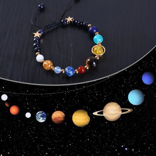 Kosmisches Galaxy-Armband – Handgewebtes Solarsystem mit acht Planeten und natürlichen Perlen