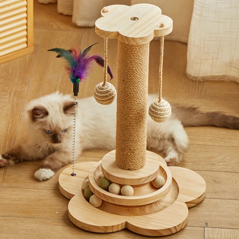 Katzenspielzeug-Turm aus Holz – Interaktives Kratzbrett mit Drehplatte und Sisal-Bällen für Ihre Katze