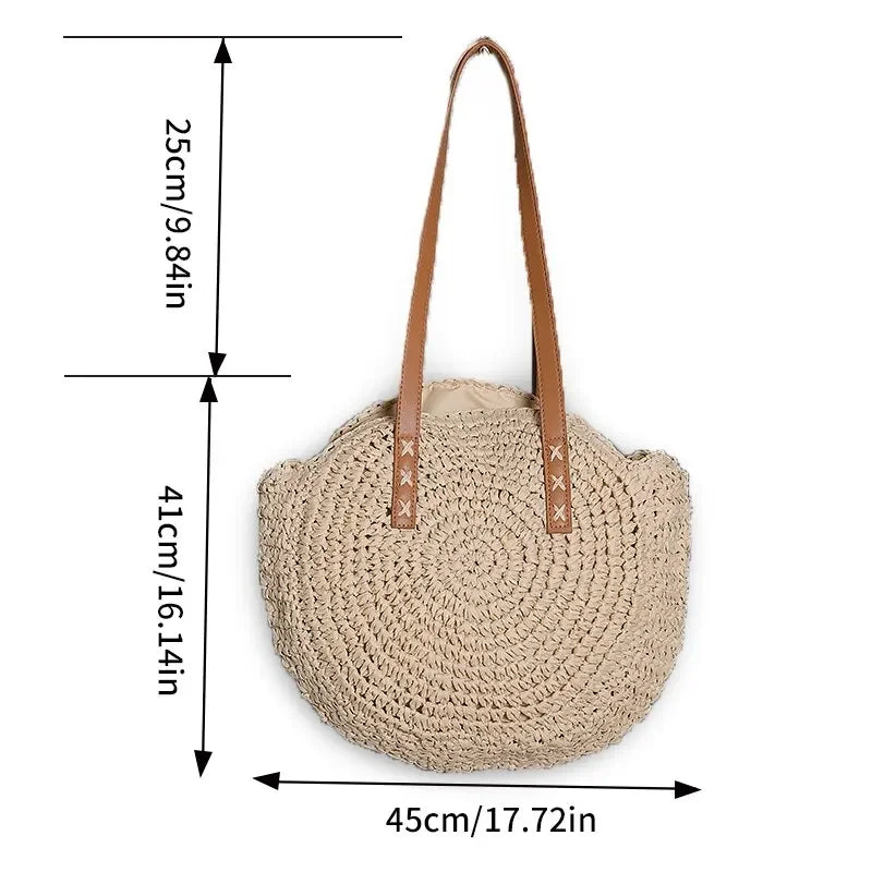 Runde Strohtasche Boho Stil – Handgefertigte Woven Schultertasche aus Rattan für Sommer & Urlaub