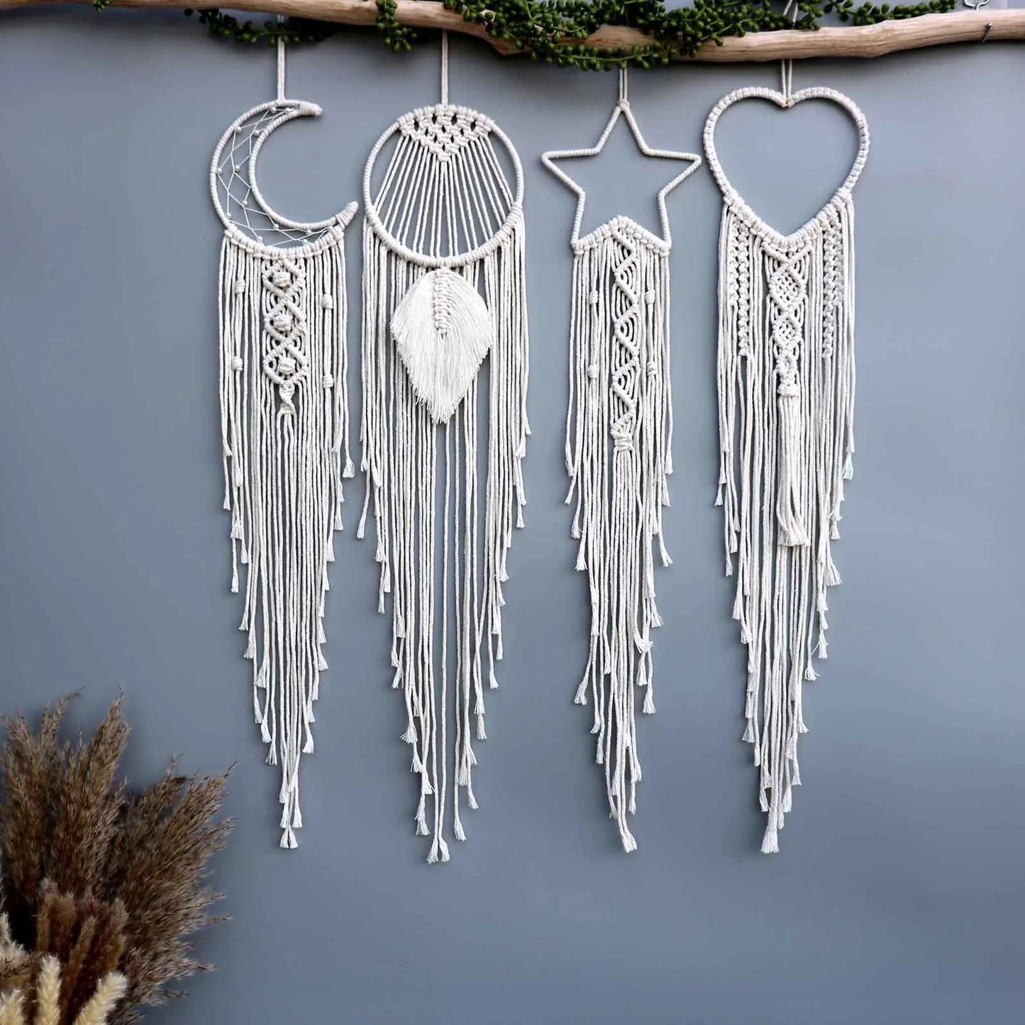 Macrame Traumfänger Wanddeko – Mond, Stern, Kreis & Herz – Boho Tapestry für Zuhause – Nordic Stil Geschenk