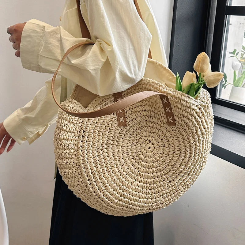 Runde Strohtasche Boho Stil – Handgefertigte Woven Schultertasche aus Rattan für Sommer & Urlaub