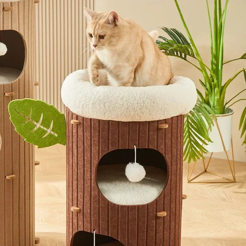 Mehrstöckiges Filz-Katzenhaus – Multifunktionaler Baumstumpf mit Kratzbrett für Ihre Katze