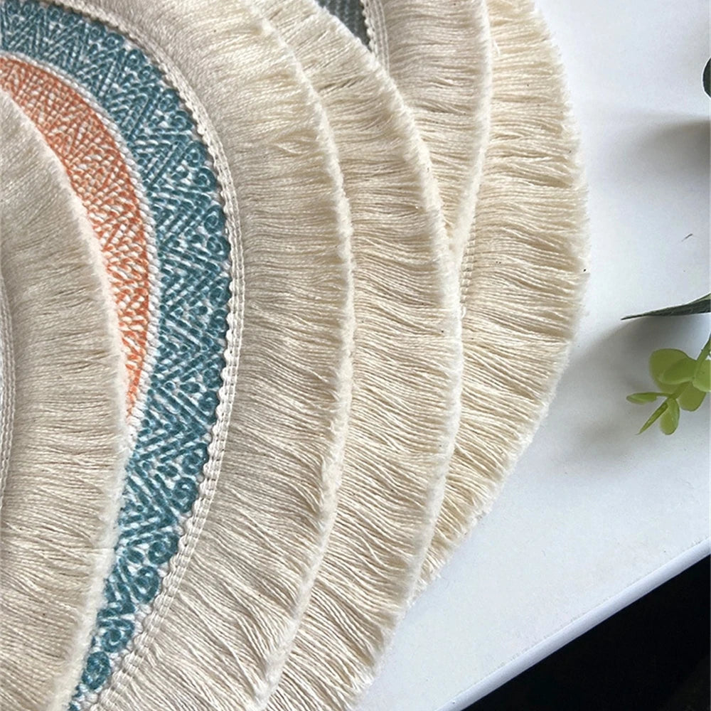 Boho Runde Tischmatte – Handgewebte Leinen-Tassel-Platzmatte mit Stickerei, Rutschfest, Isolierend, für Esszimmer und Küchen Dekoration