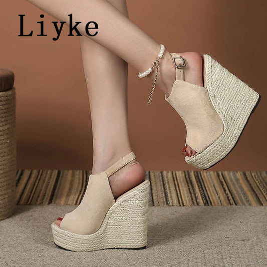 Liyke Sommer Peep-Toe Wedge-Sandalen für Damen – Modische Plattform High Heels mit Schnallenriemen