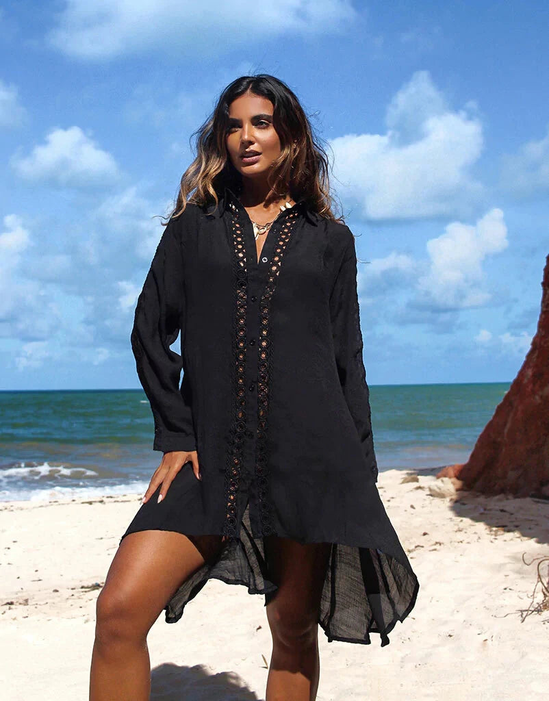 Bikini Beach Cover-Up Tunika mit Blätterdruck – Lange Kaftan Sarong Badeanzug Bedeckung für den Strand