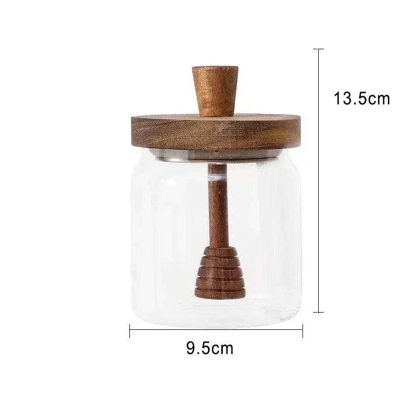 Honigtopf aus Borosilikatglas mit Holzdeckel und Mischstab – Transparenter Honigtank für Küche und Aufbewahrung