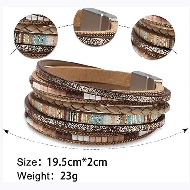 Boho Leder-Wickelarmband für Damen – Mehrlagiges Leopard-Design mit Kristallperlen