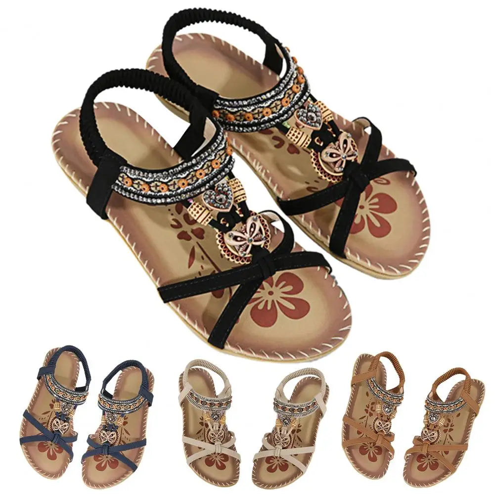 Stylische Boho-Sandalen für Damen – Atmungsaktive, Anti-Rutsch Sandalen mit Perlen und Strasssteinen für den Sommer
