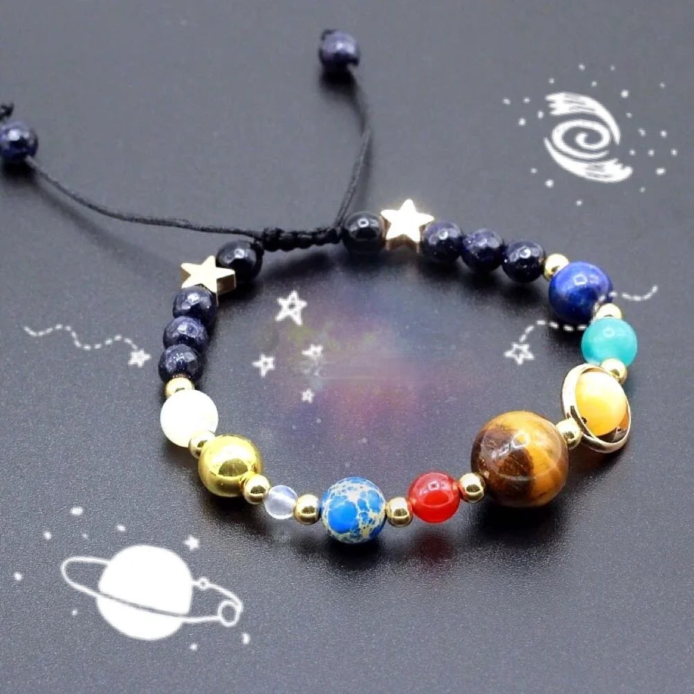 Kosmisches Galaxy-Armband – Handgewebtes Solarsystem mit acht Planeten und natürlichen Perlen