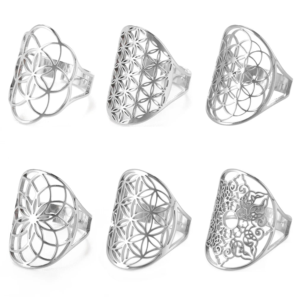 Unift Flower of Life Ring – Verstellbarer Edelstahlring für Damen und Herren | Vintage Geometrisches Design