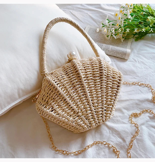 Muschel-förmige Rattan Woven Umhängetasche – Kleine Strohtasche für Strandurlaub und Freizeit