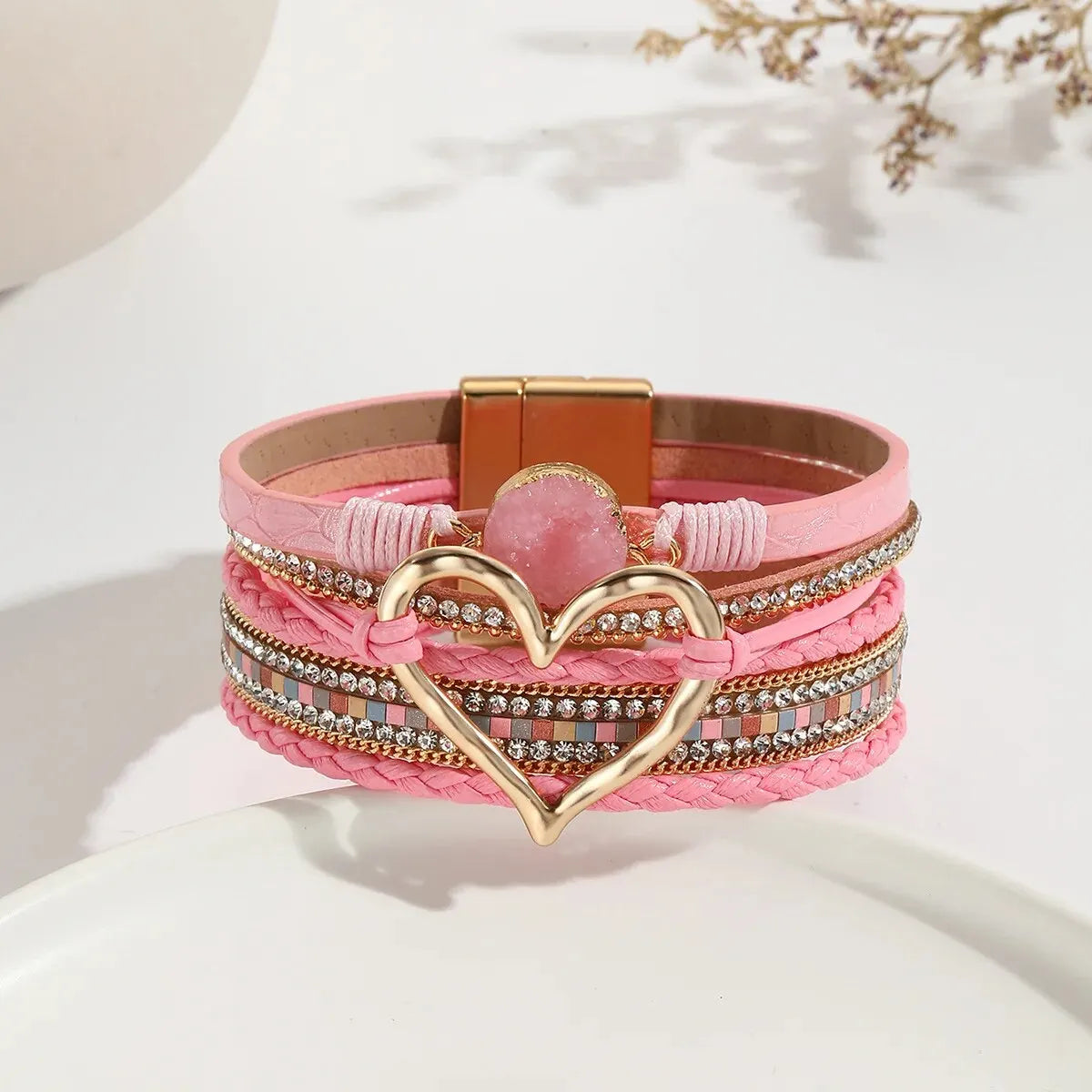 Boho-Lederarmband mit Herz-Charm – Fashion Armband für Damen mit Strass und Resin für Paare