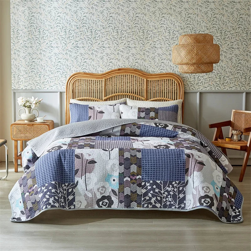 Boho Floral Patchwork Bettdecken-Set – Reversible Soft Bedding für Alle Jahreszeiten, Farmhouse & Garten Stil