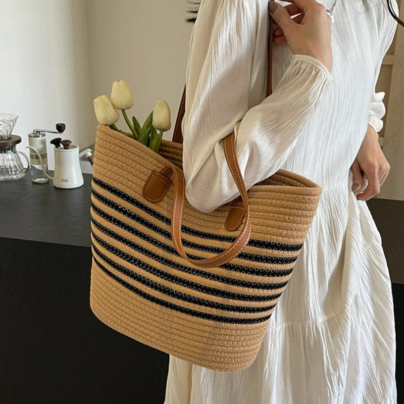 Stylische Streifen-Design Strandtasche aus Stroh – Große Kapazität Boho Handtasche für Shopping & Freizeit