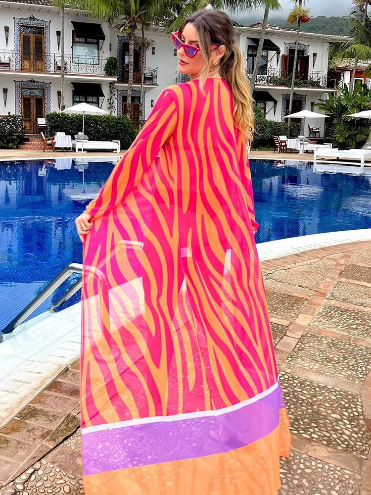 Bikini Beach Cover-Up Tunika mit Blätterdruck – Lange Kaftan Sarong Badeanzug Bedeckung für den Strand